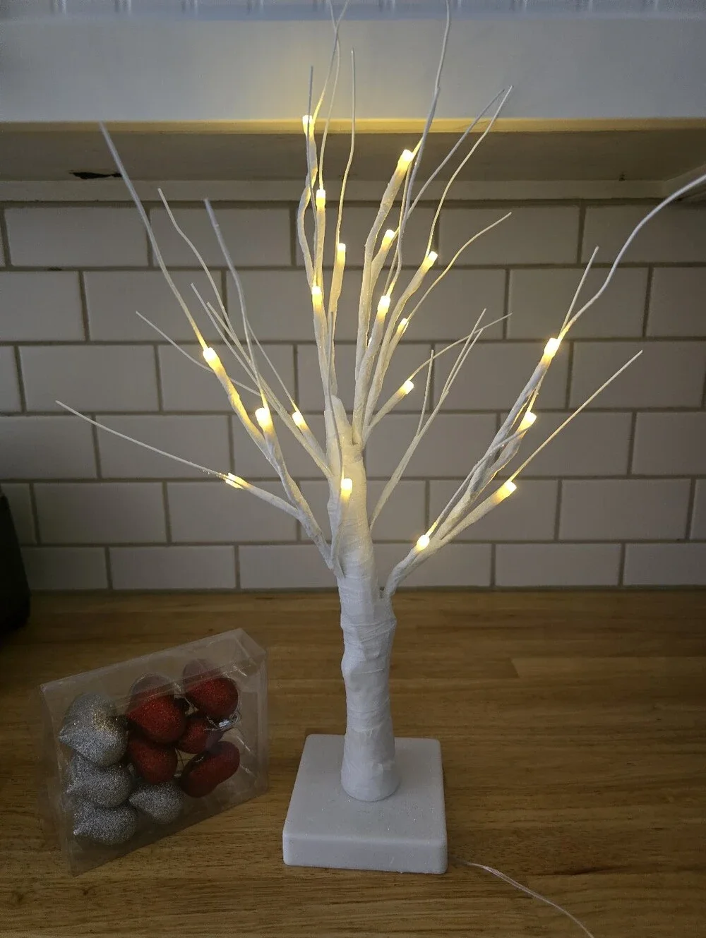 White Decorative Holiday Branch Light Tree with Red & Silver Ornaments